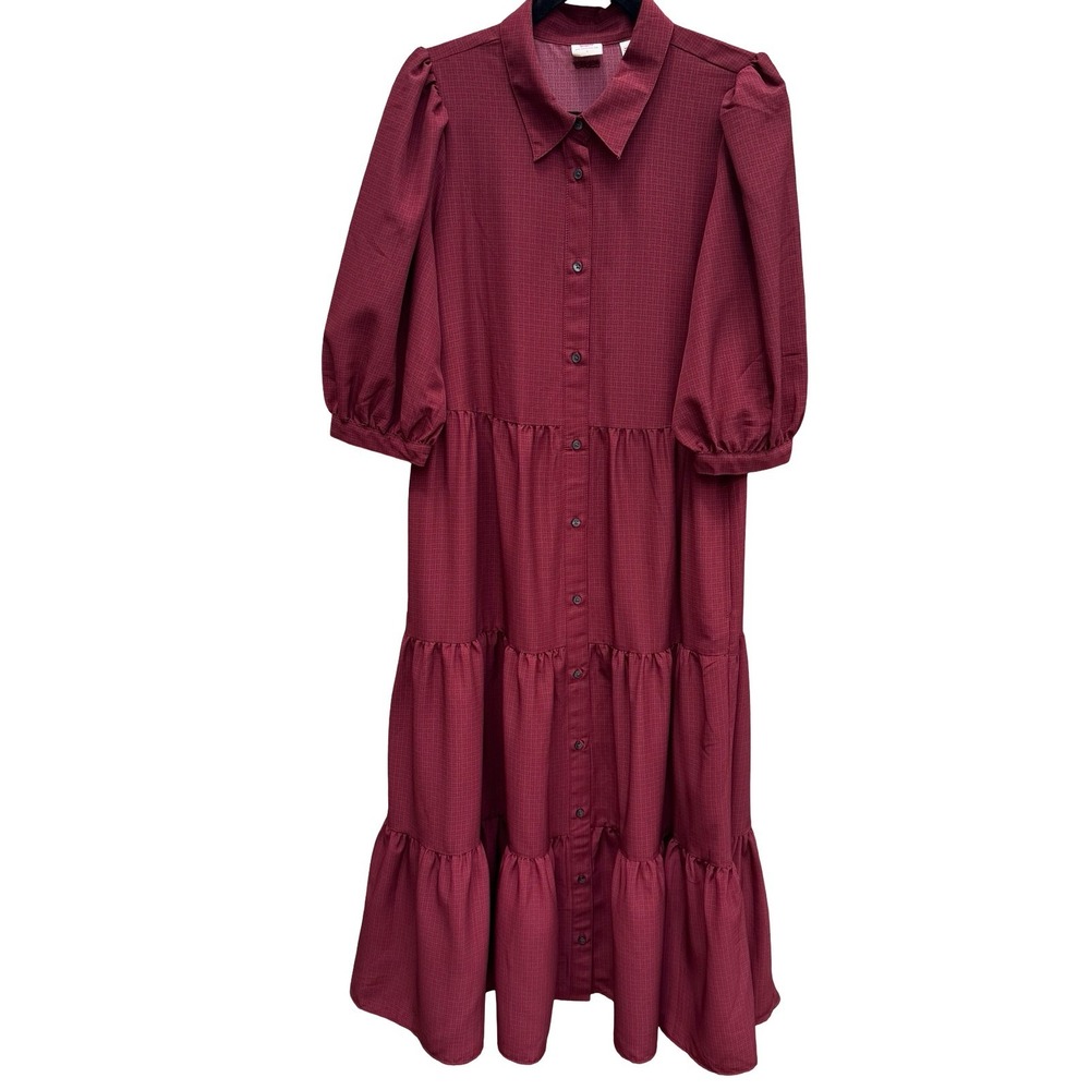 Levis Darla Womens Red Tiered Maxi Shirtdress Puff Sleeve Western Boho Prairie L